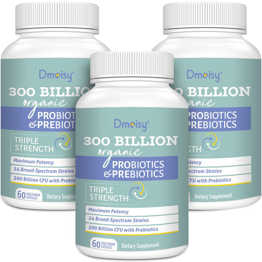 Dmeisy Probiotics bottle shows 300B CFU and 24 strains for gut balance and daily use
