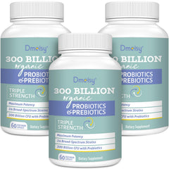 Dmeisy Probiotics bottle shows 300B CFU and 24 strains for gut balance and daily use