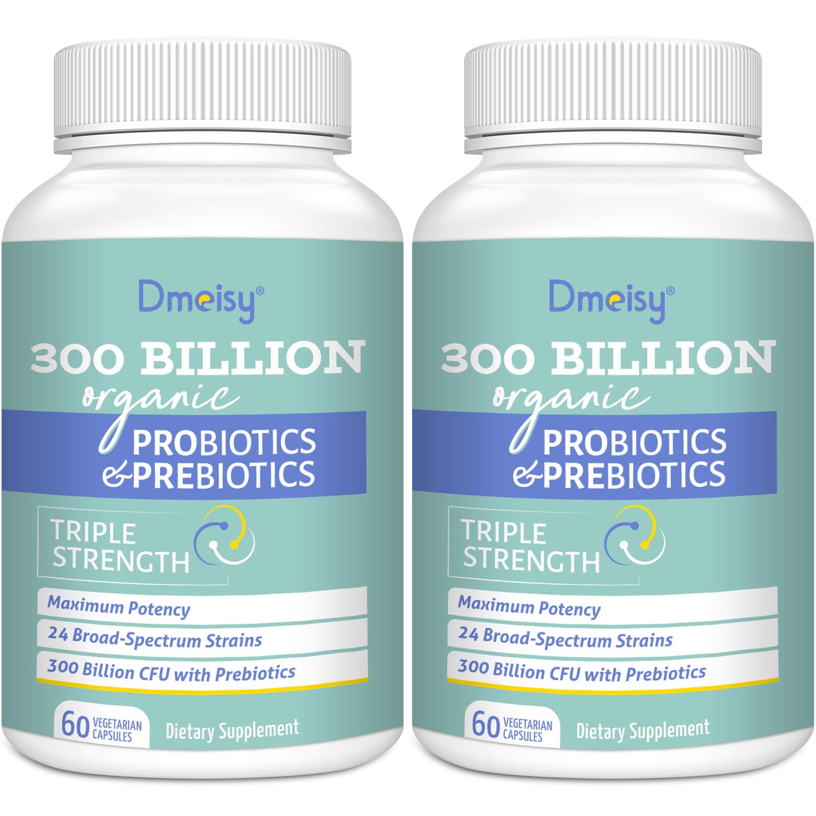 Dmeisy probiotics bottle showing 300B CFU and 24 strains for gut balance