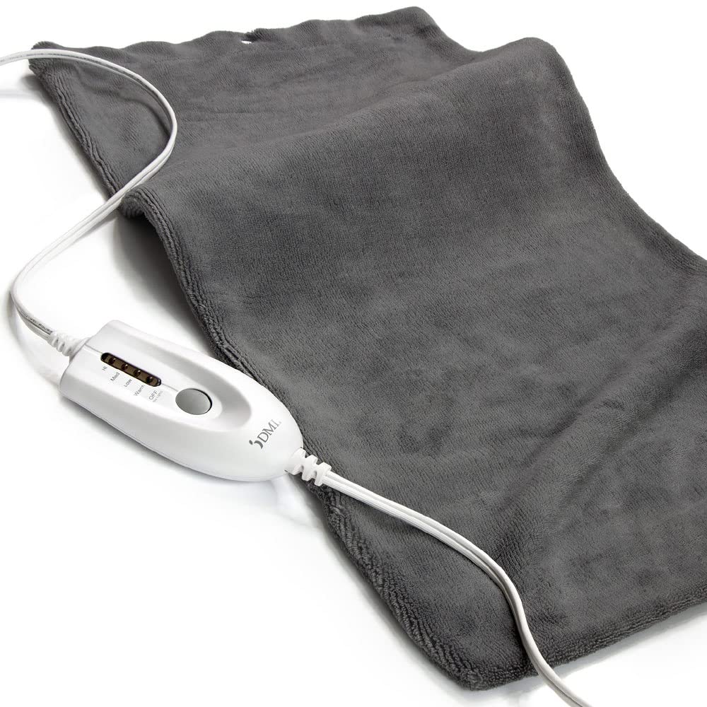 DMI Mabis heating pad shows four heat options for back and joint comfort.