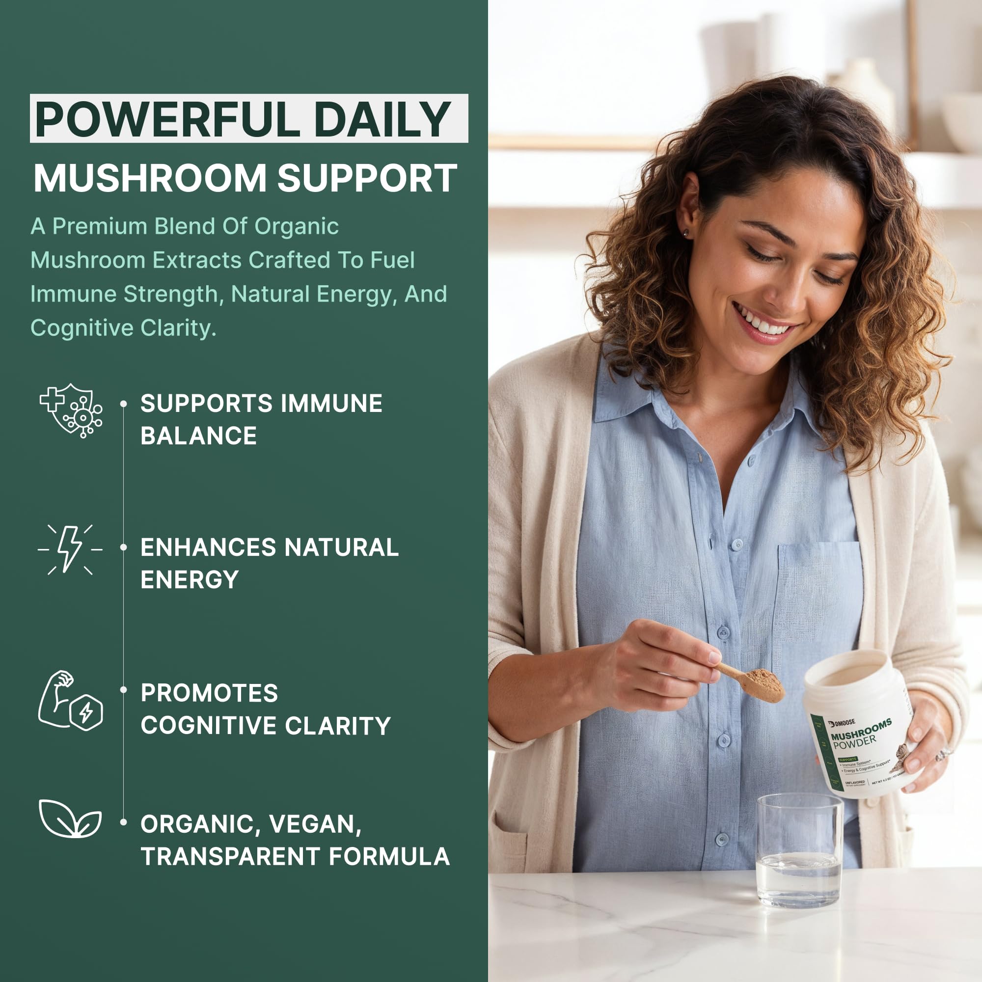 DMoose Fitness mushroom blend ingredients image highlights five adaptogens for balance.