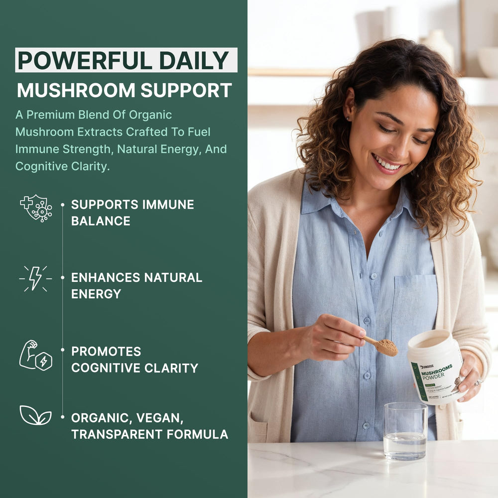 DMoose Fitness mushroom blend ingredients image highlights five adaptogens for balance.