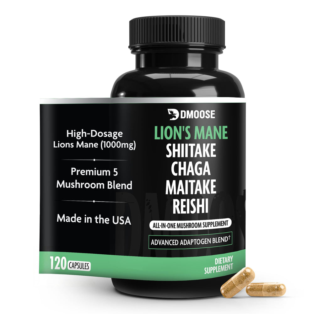 DMoose Fitness Lions Mane Mushroom Complex bottle shows 5-in-1 brain and immune support