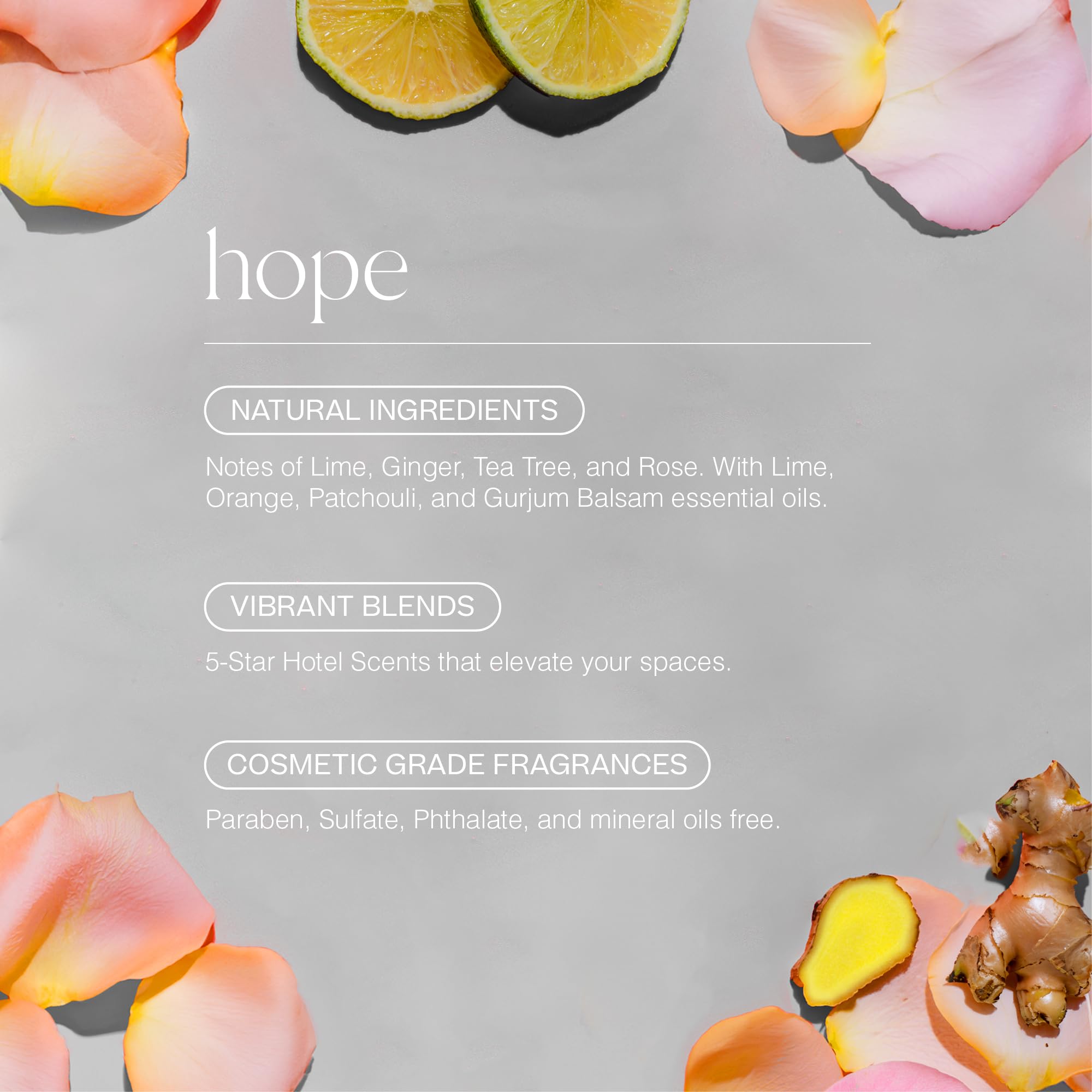 Hope lime-ginger-tea-tree-rose blend releasing aroma