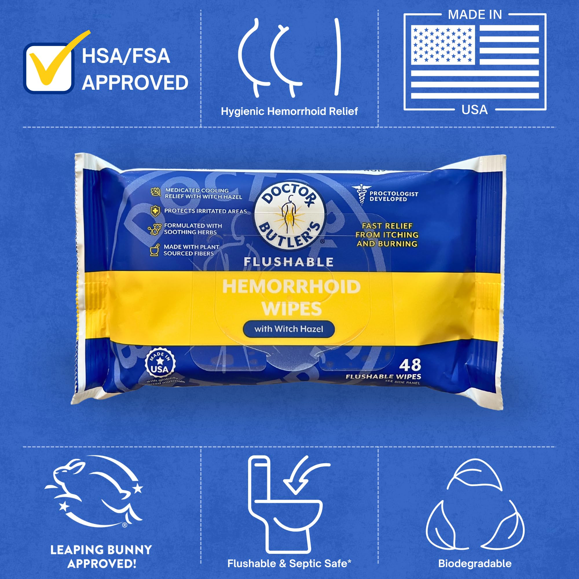 Easy-dispense packaging in Doctor Butler's wipes for on-the-go use.