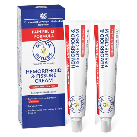 Doctor Butler's hemorrhoid cream bottle front for quick external relief.