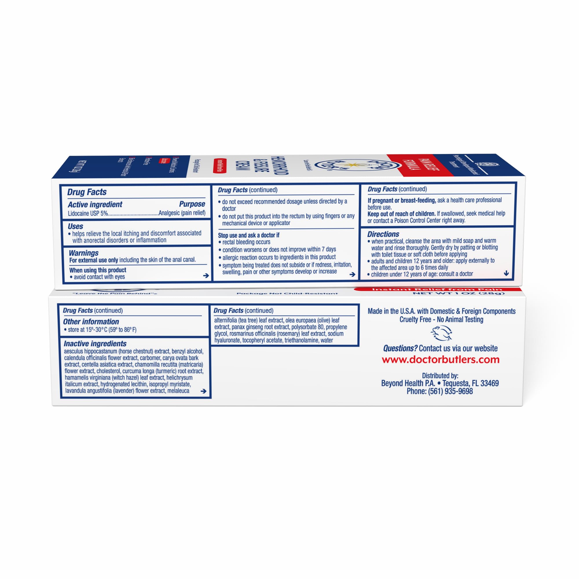 Doctor Butler's hemorrhoid cream USA manufacturing badge indicating quality.