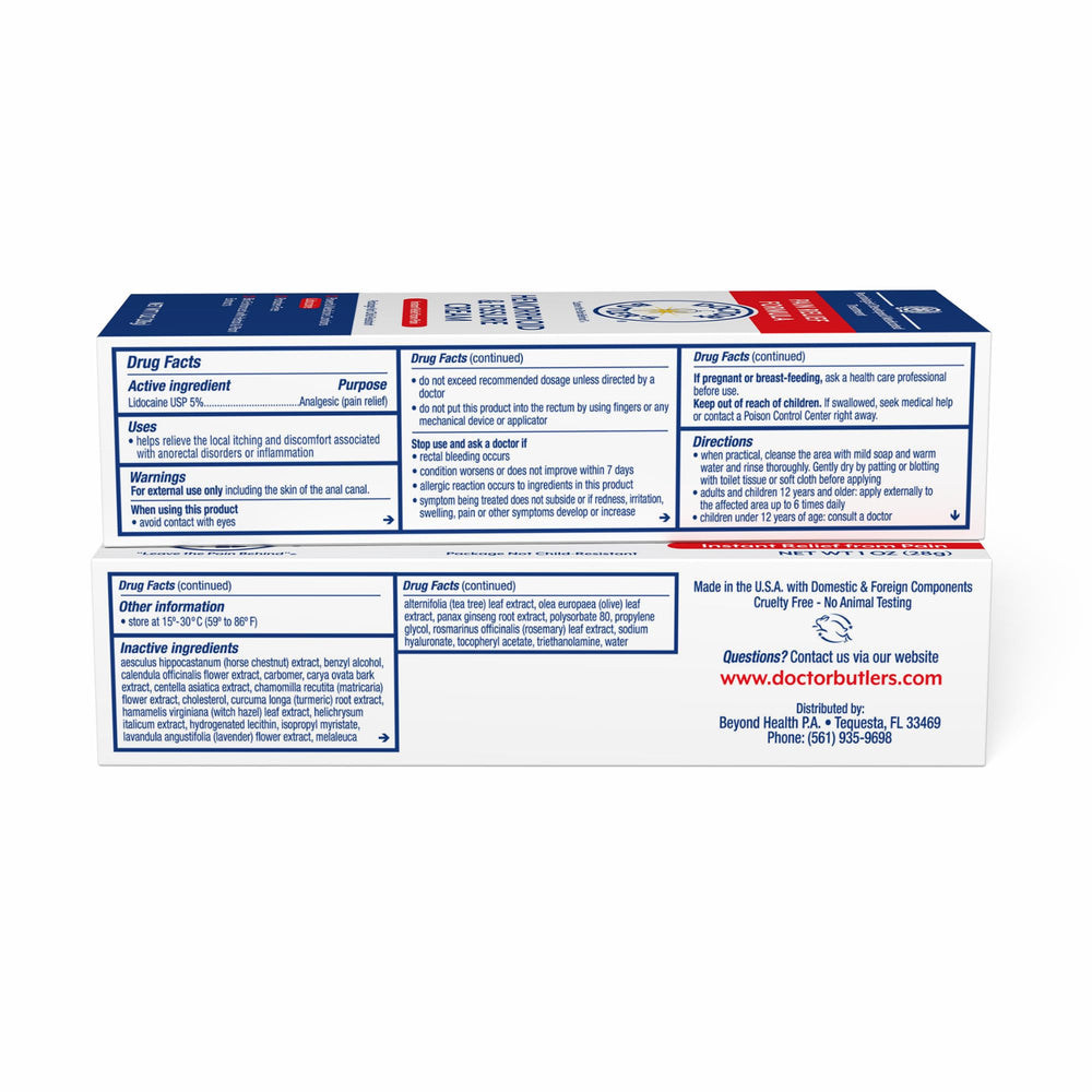 Doctor Butler's hemorrhoid cream USA manufacturing badge indicating quality.