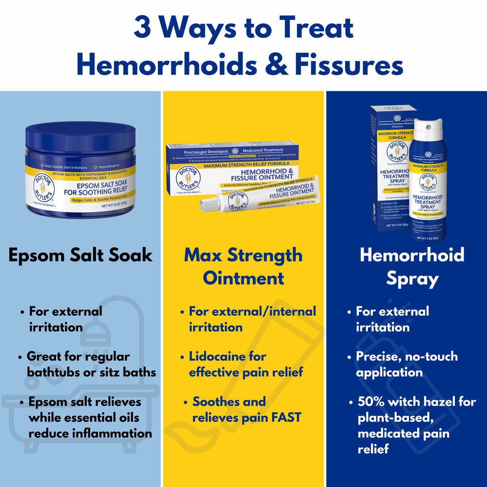 Doctor Butler's hemorrhoid kit packaging showing three products