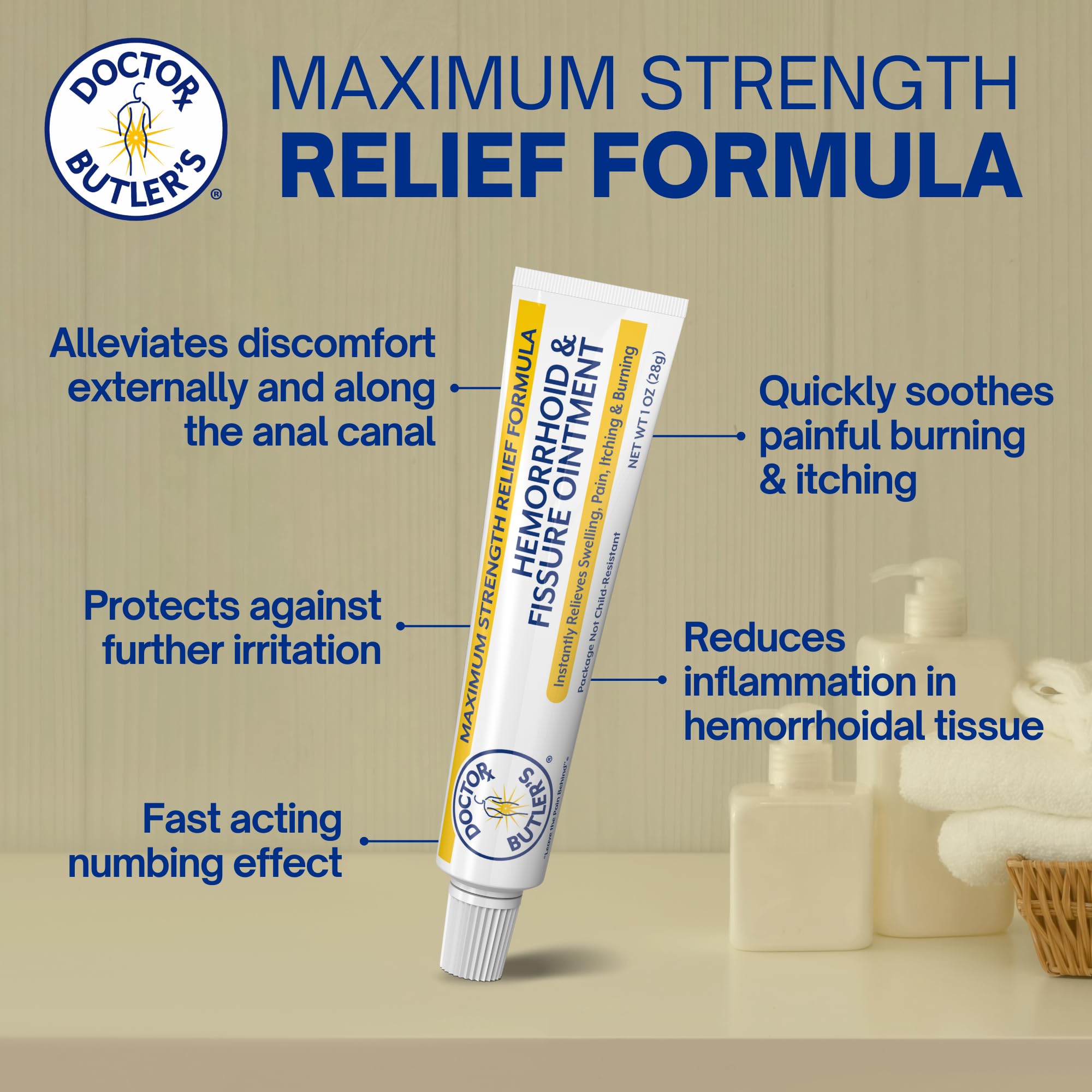 Applying Doctor Butler’s hemorrhoid ointment to the skin for temporary relief.