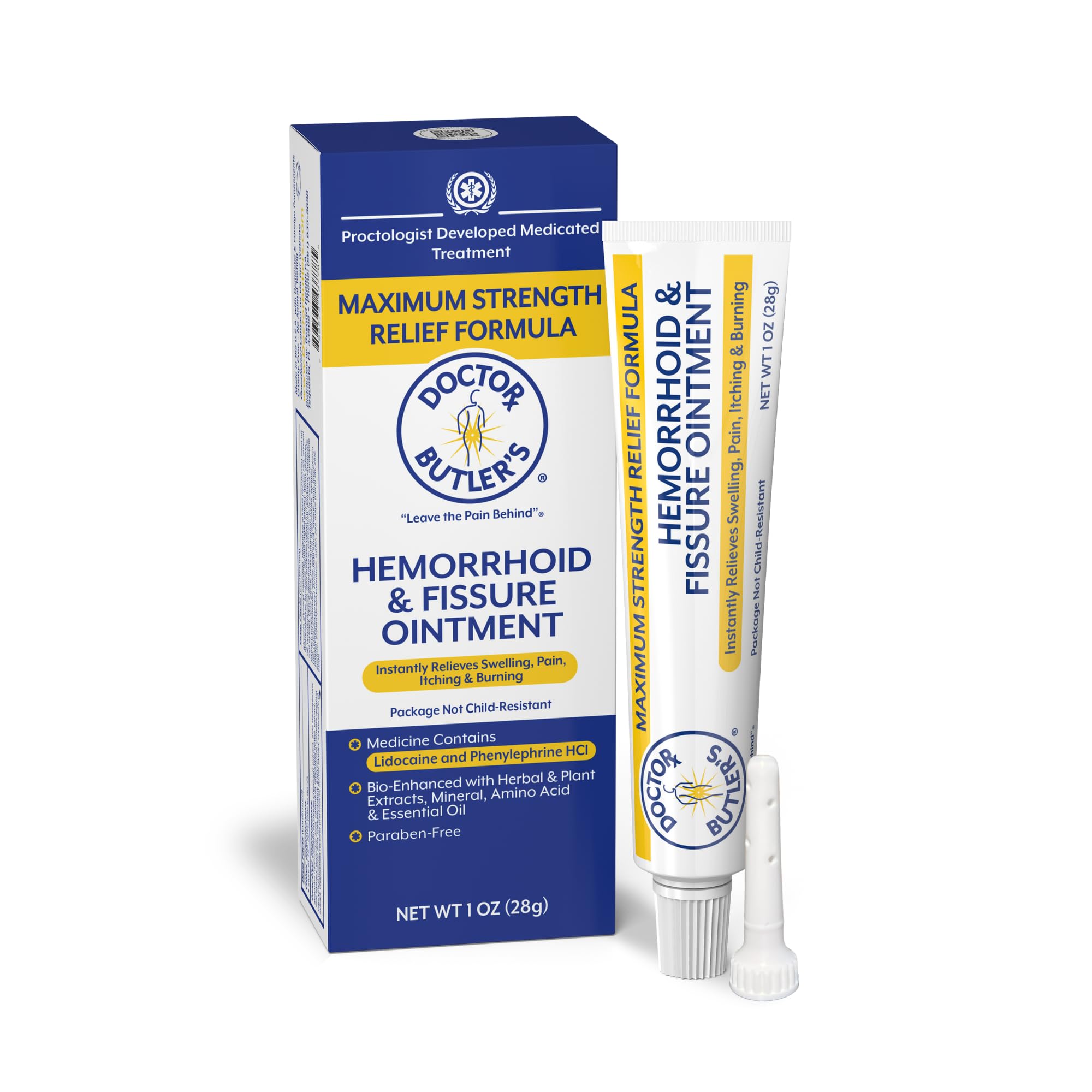 Doctor Butler’s Hemorrhoid Ointment packaging, compact 1 oz tube for convenient use.