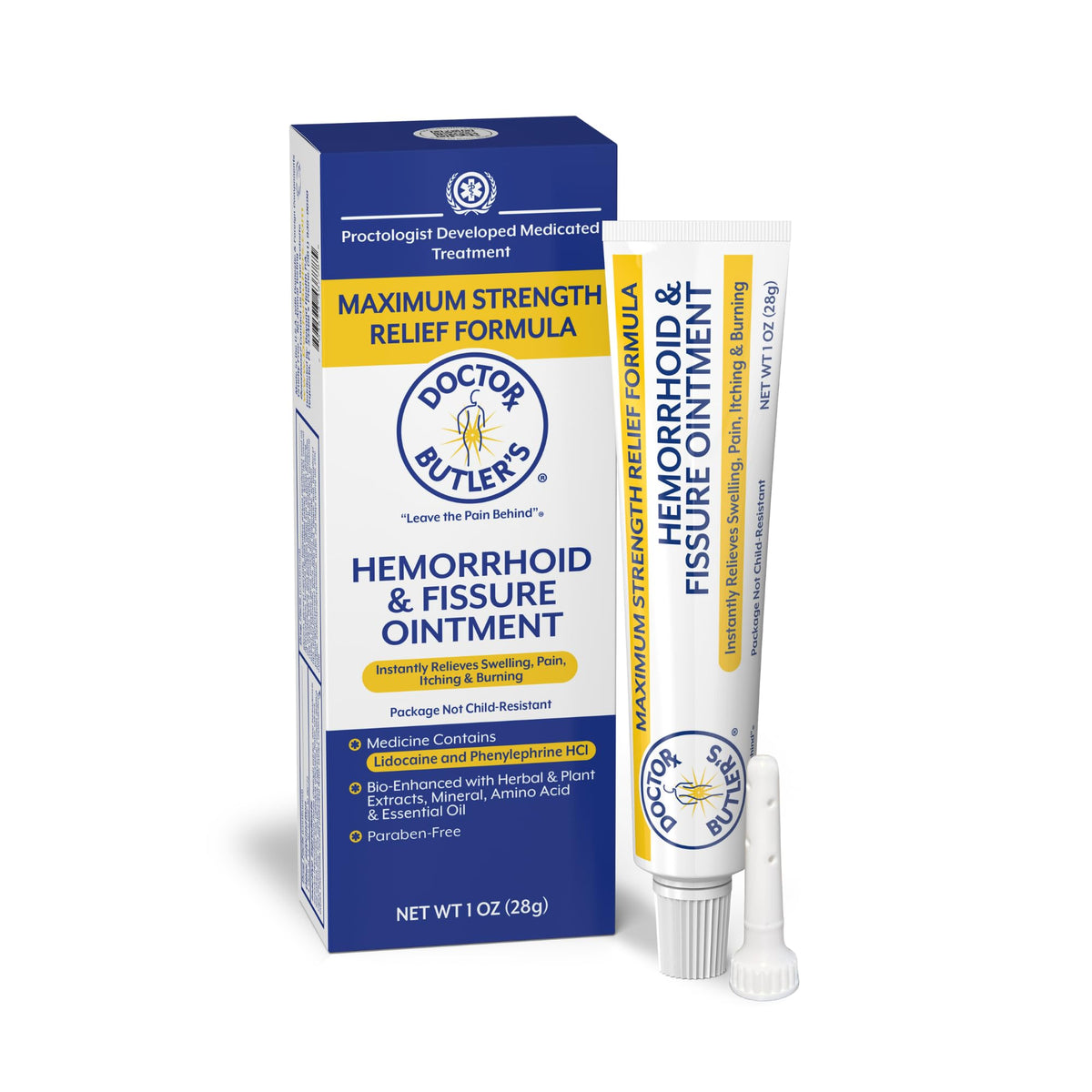 Doctor Butler’s Hemorrhoid Ointment packaging, compact 1 oz tube for convenient use.