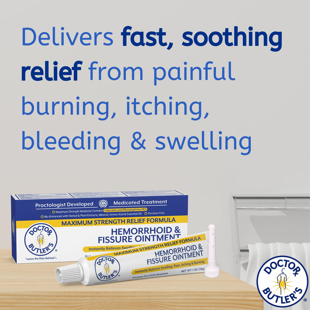 Closeup of Doctor Butler’s hemorrhoid ointment tube showing texture and lid.