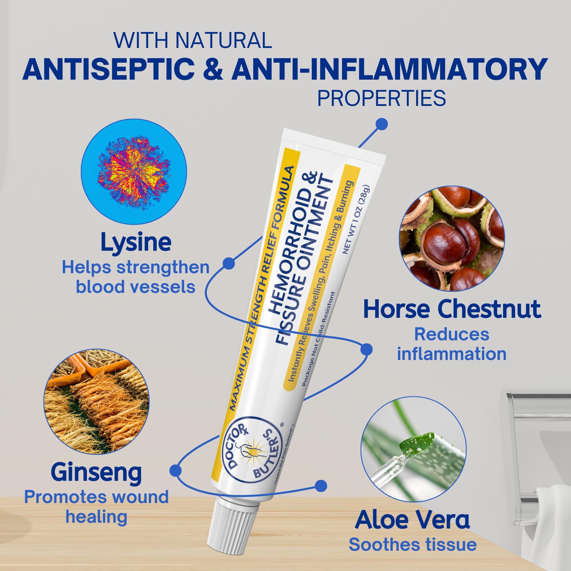USA-made Doctor Butler’s hemorrhoid ointment label on packaging.