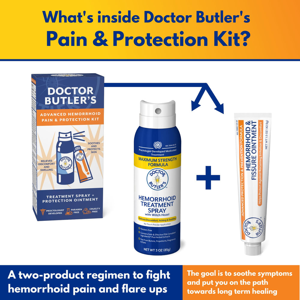 Doctor Butler's hemorrhoid spray bottle showing witch hazel for swelling relief