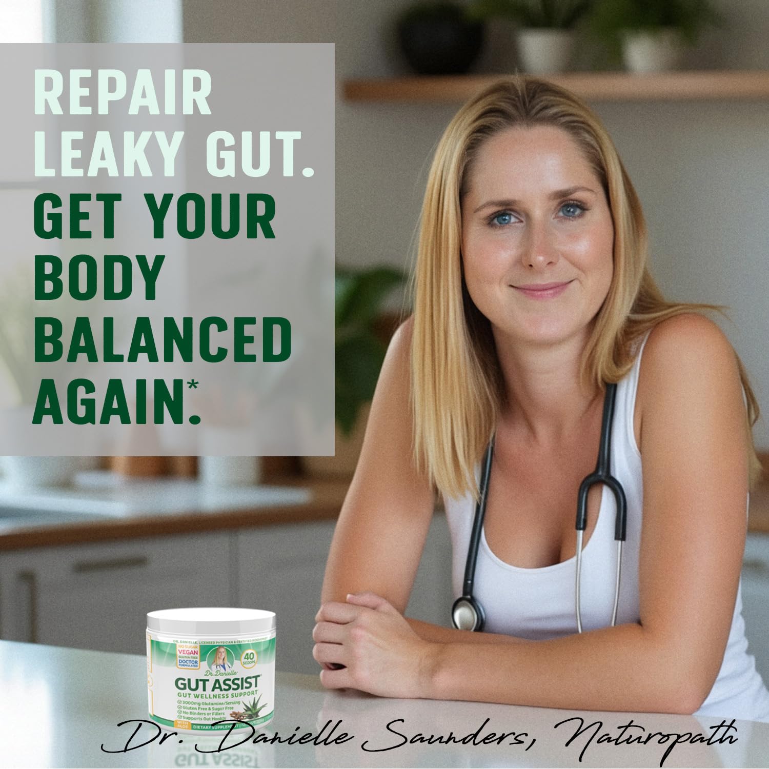 Gently scooping Gut Assist for daily dose measurement.