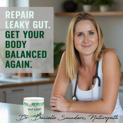 Gently scooping Gut Assist for daily dose measurement.