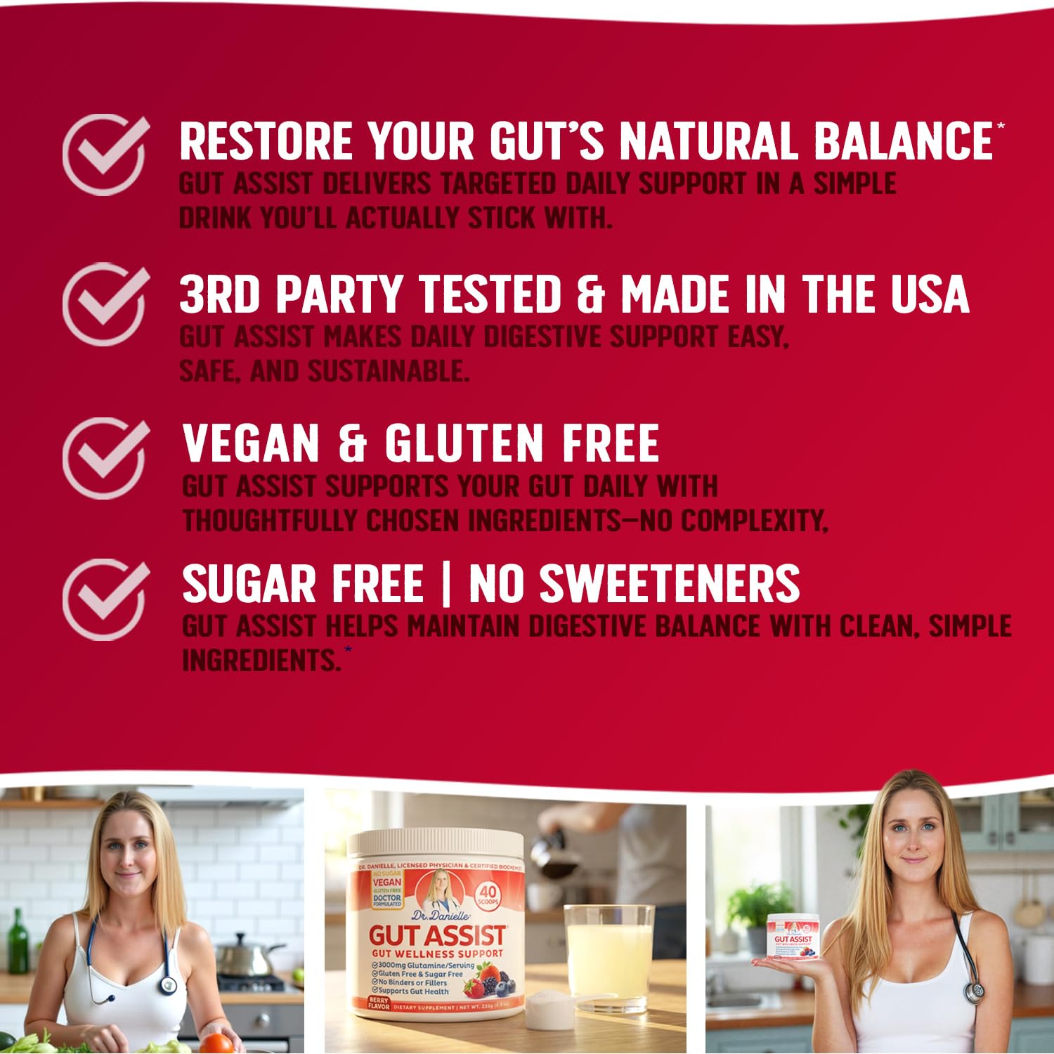 Doctor Danielle Leaky Gut Support Powder berry bottle showing serving suggestion for easy use
