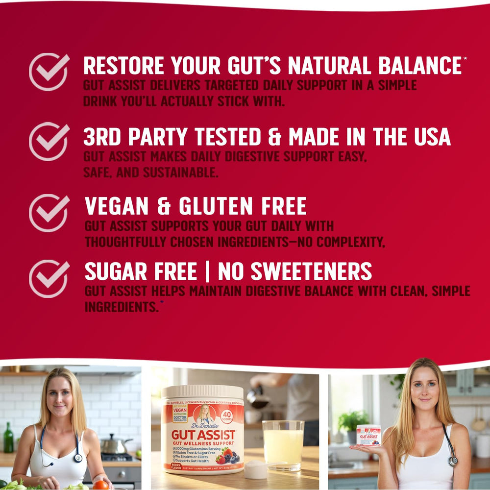 Doctor Danielle Leaky Gut Support Powder berry bottle showing serving suggestion for easy use