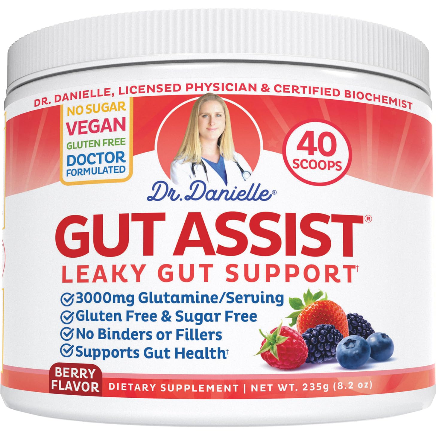 Doctor Danielle Leaky Gut Support Powder berry tub promoting daily gut comfort