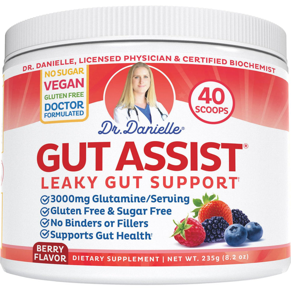 Doctor Danielle Leaky Gut Support Powder berry tub promoting daily gut comfort
