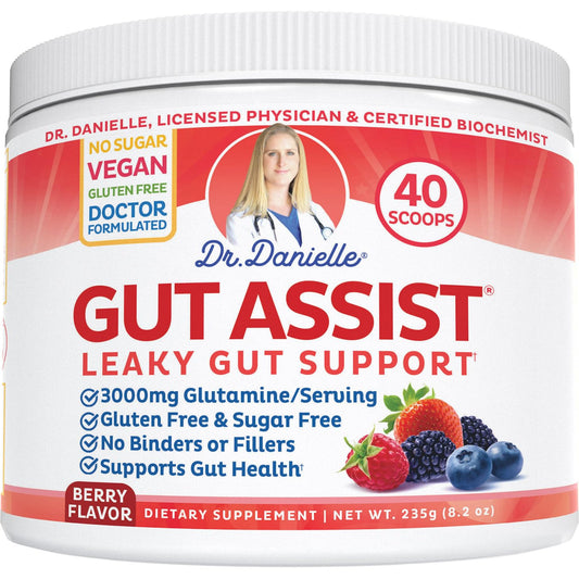 Doctor Danielle Leaky Gut Support Powder berry tub promoting daily gut comfort