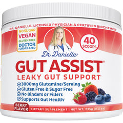 Doctor Danielle Leaky Gut Support Powder berry tub promoting daily gut comfort