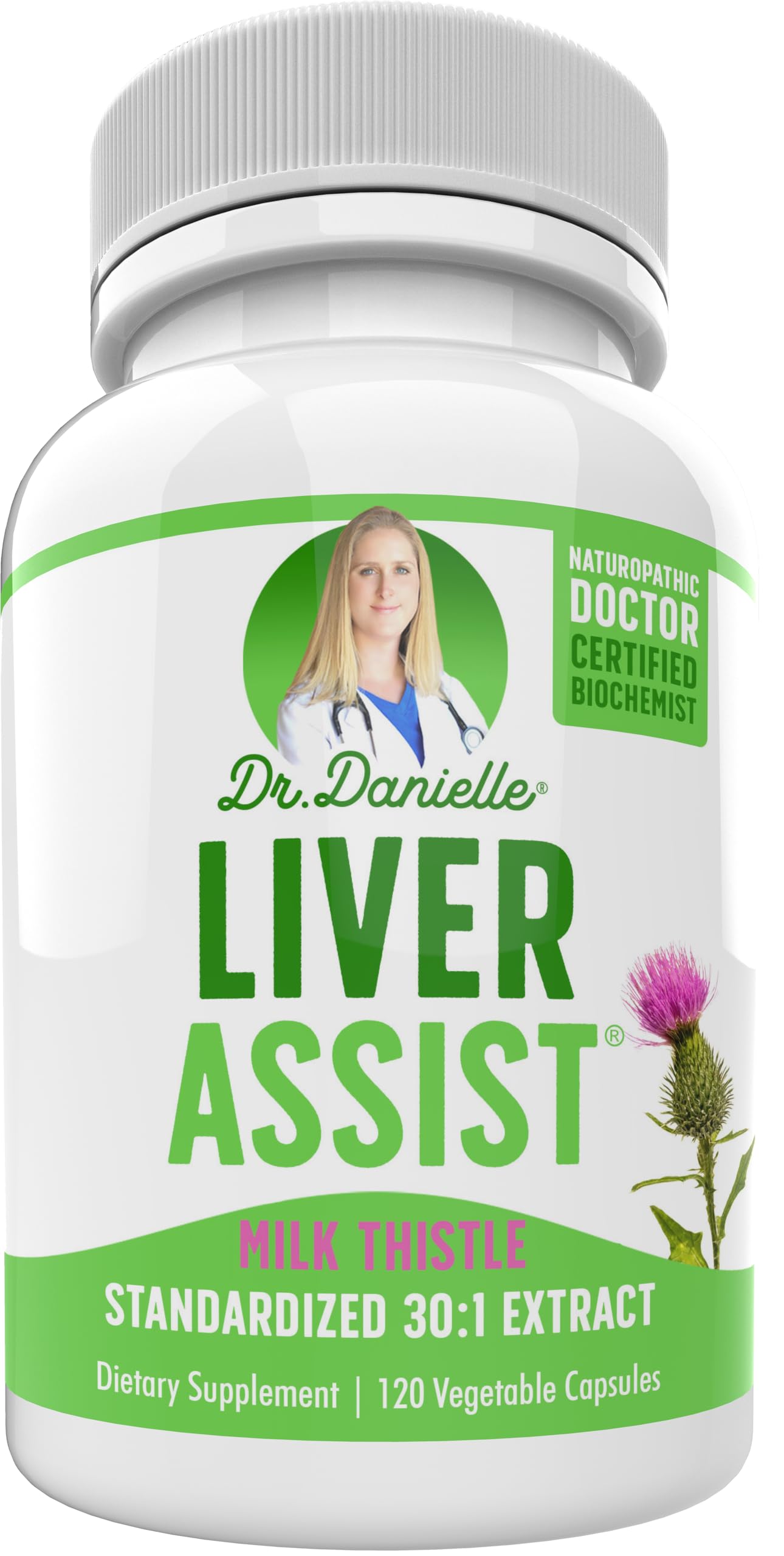 Doctor Danielle Liver Assist bottle front showing organic detox formula for daily liver support.