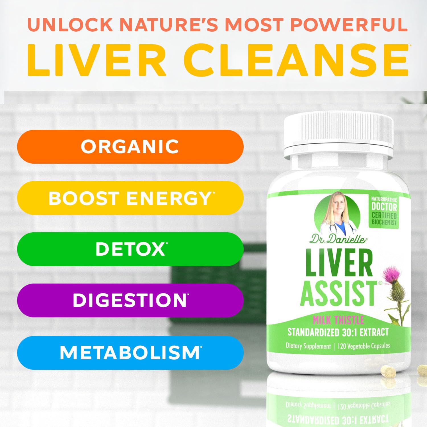 Doctor Danielle Liver Assist capsules arranged for convenient 120-count bottle use.