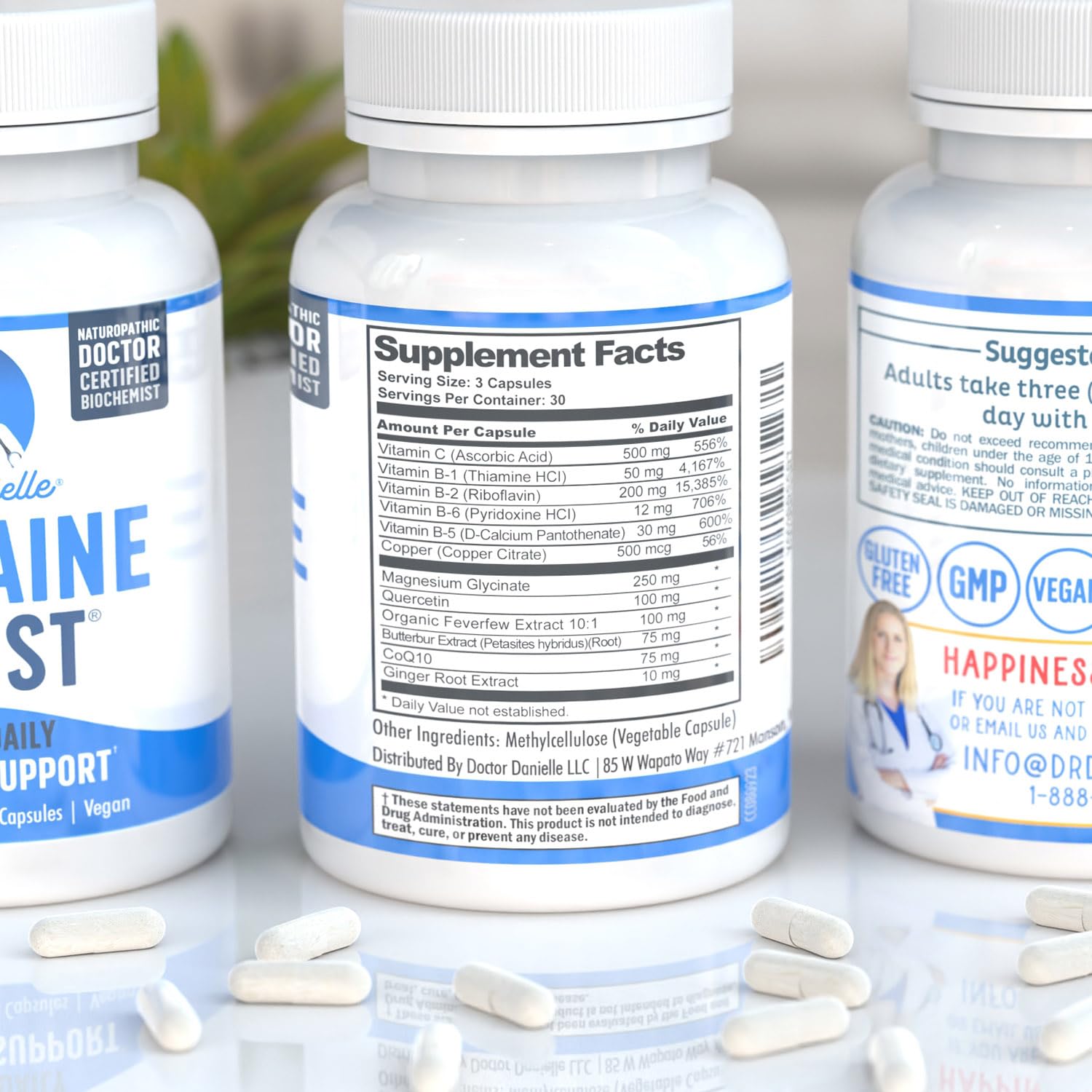 Doctor Danielle Migraine Assist bottle with capsules for easy dosing.
