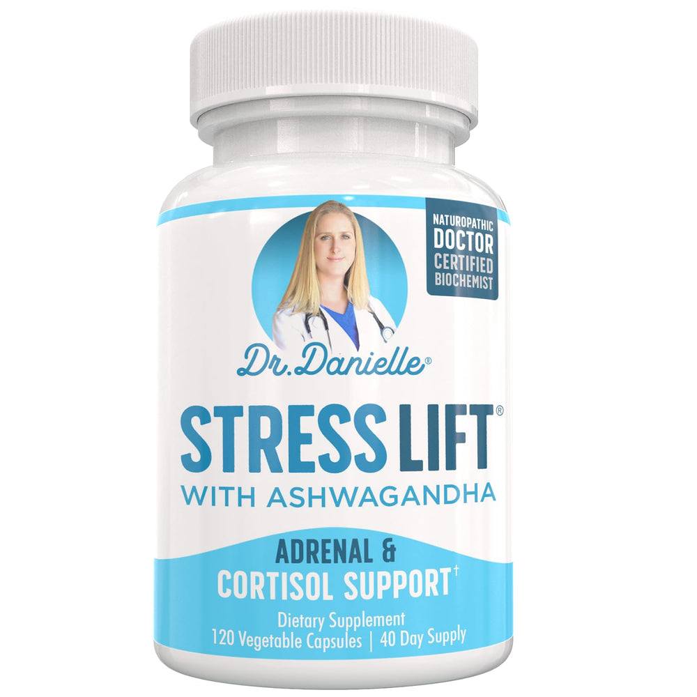 Doctor Danielle Stress Lift bottle shows 5-in-1 formulation for natural stress support