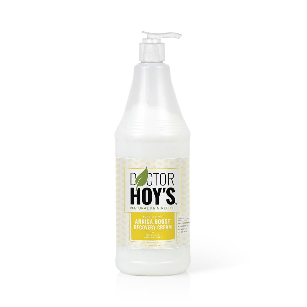 Doctor Hoy's Arnica Boost Recovery Cream—smooth bottle application for muscle soreness relief