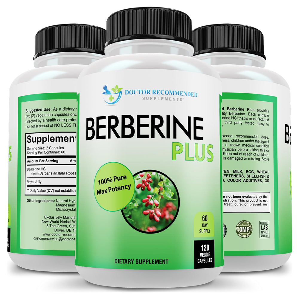 Side-angle view of Berberine Plus bottle emphasizing high potency