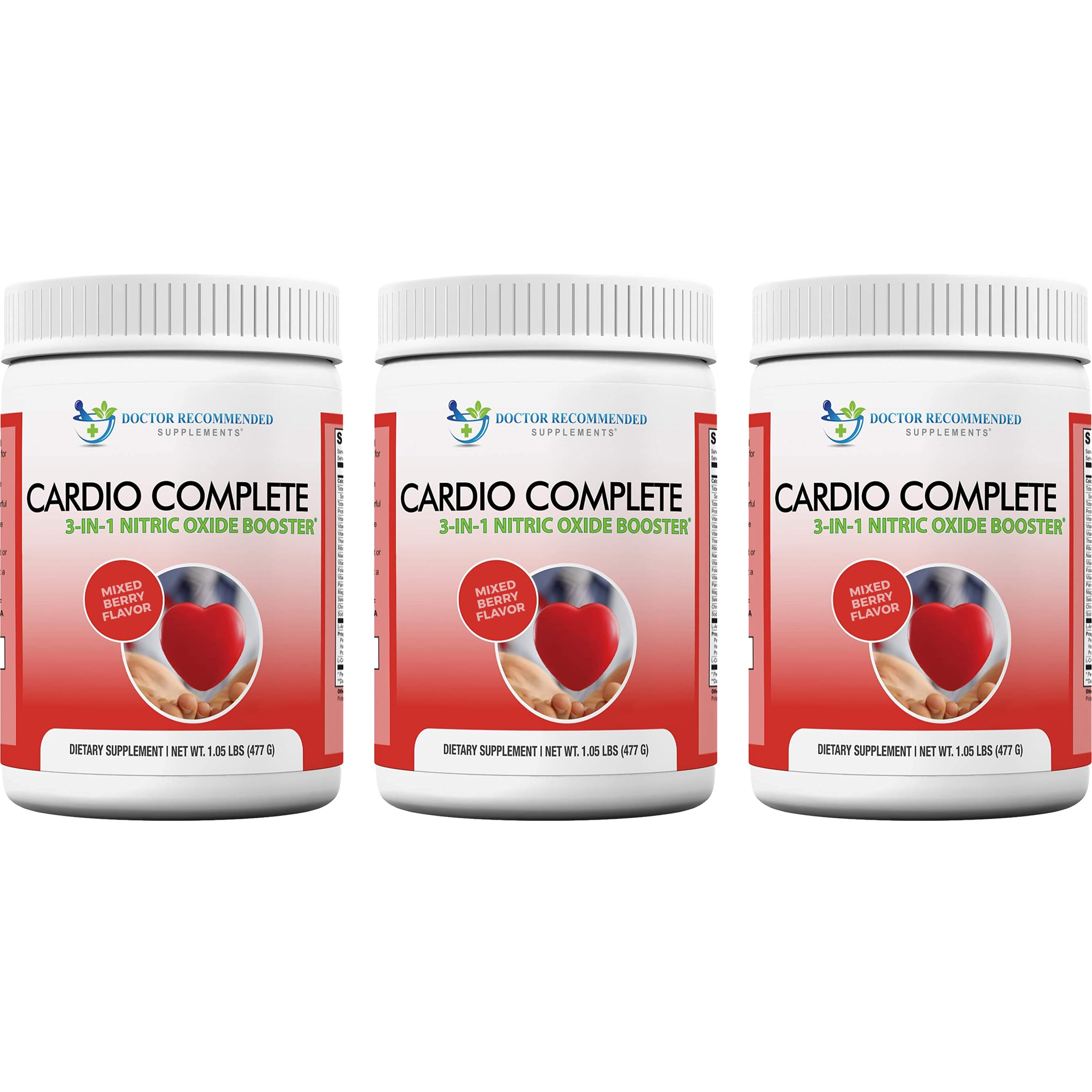 Cardio Complete tub front from Doctor Recommended Supplements showing berry flavor for daily use.