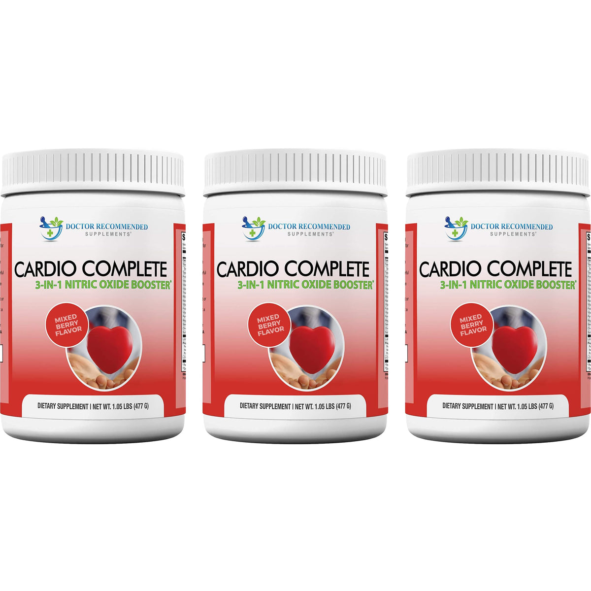 Cardio Complete tub front from Doctor Recommended Supplements showing berry flavor for daily use.