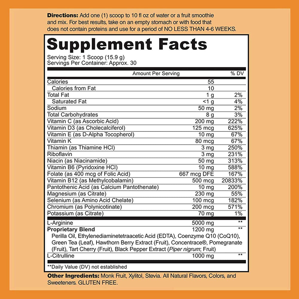 Cardio Heart Health powder label shown; blends L-Arginine and L-Citrulline for nitric oxide support