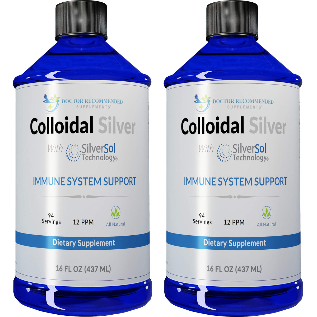 DOCTOR RECOMMENDED SUPPLEMENTS colloidal silver 12ppm bottle front for daily mineral support.