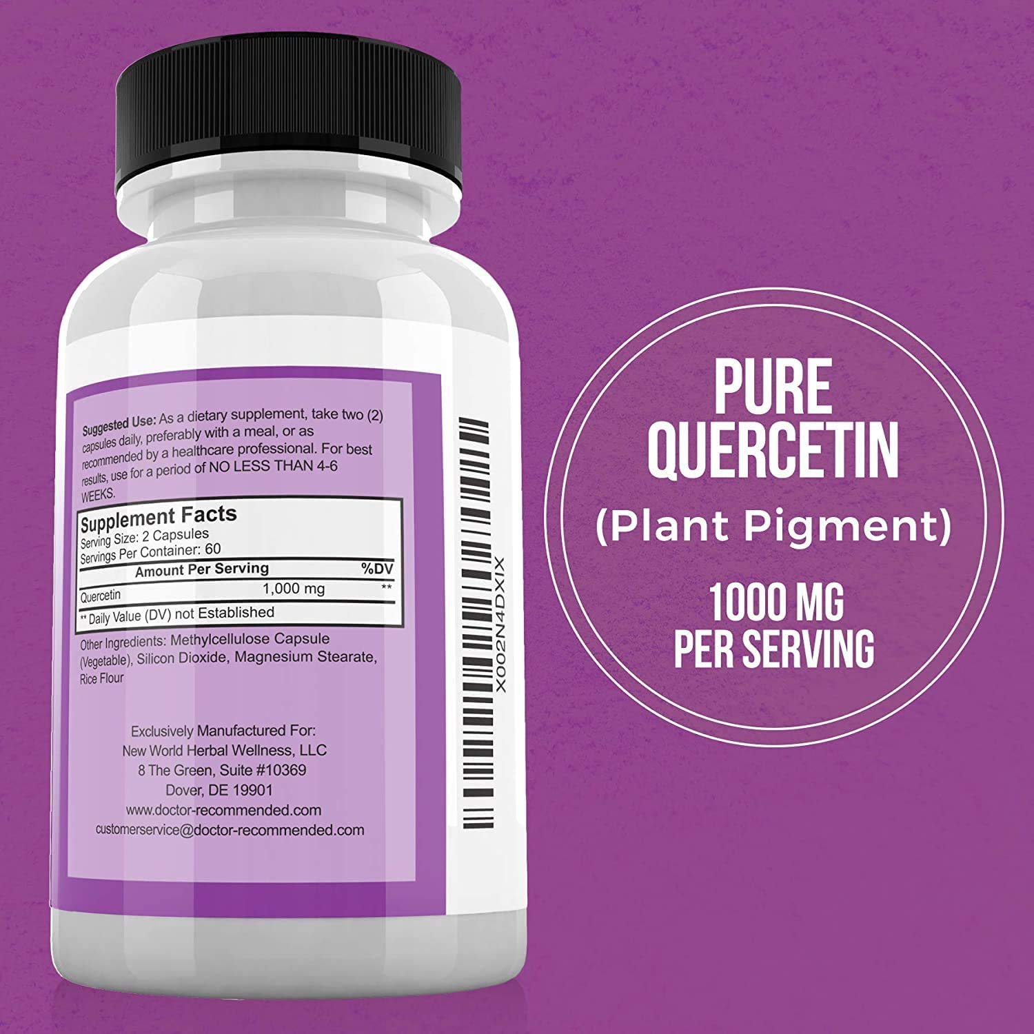 Quercetin veggie capsules highlight plant-based purity for vegan and non-GMO diets.