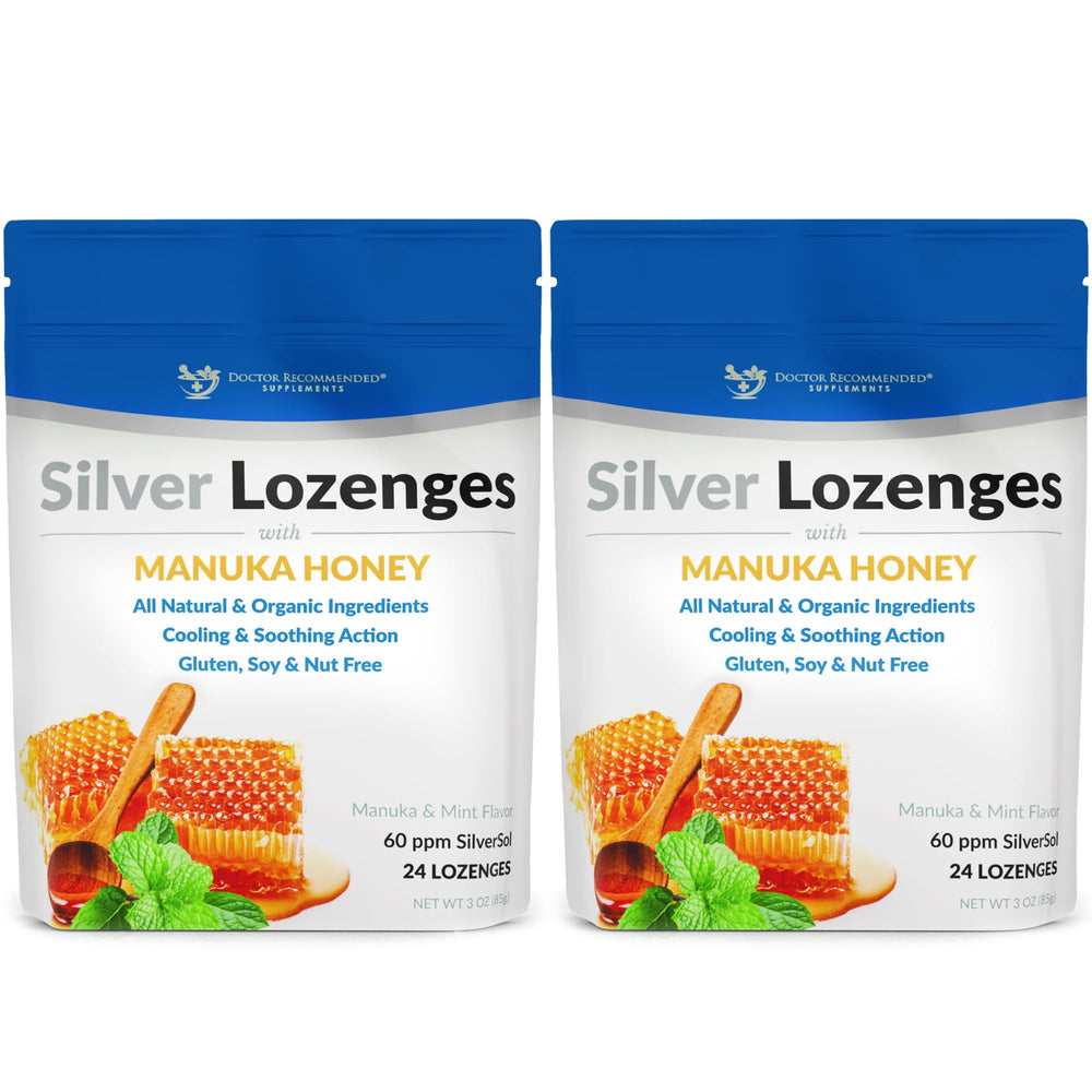 Doctor Recommended Supplements silver lozenges bottle with Manuka honey flavor and cooling mint