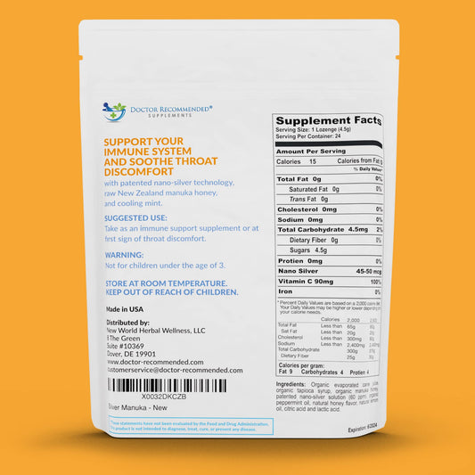 Doctor Recommended Supplements silver lozenges with Manuka honey highlight natural flavor.
