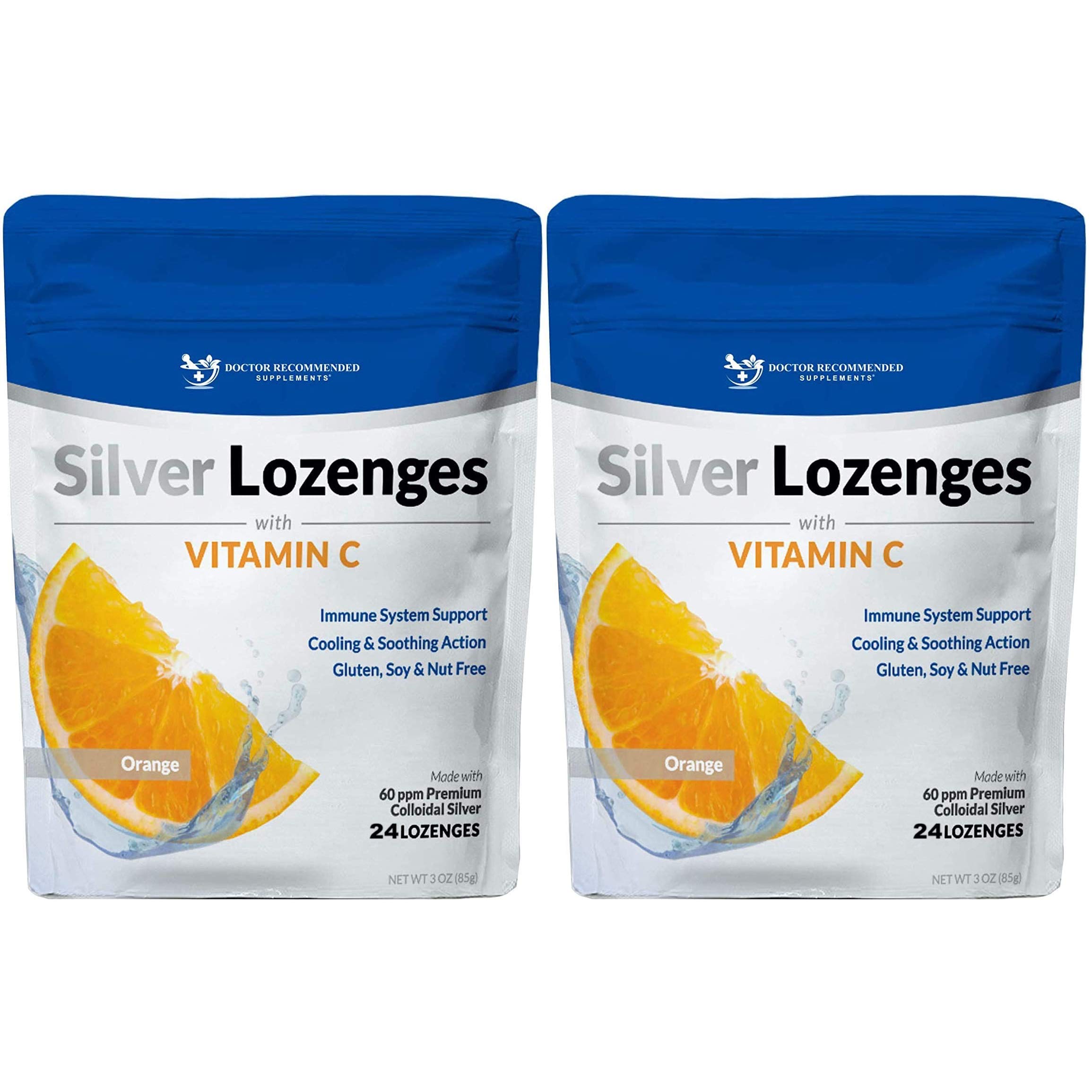 Doctor Recommended Supplements silver lozenges orange flavor for quick throat relief.