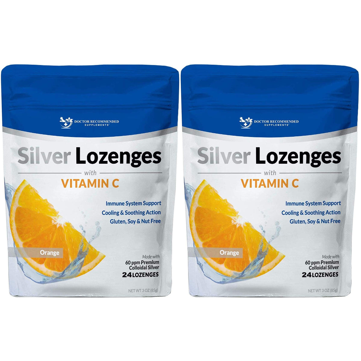 Doctor Recommended Supplements silver lozenges orange flavor for quick throat relief.