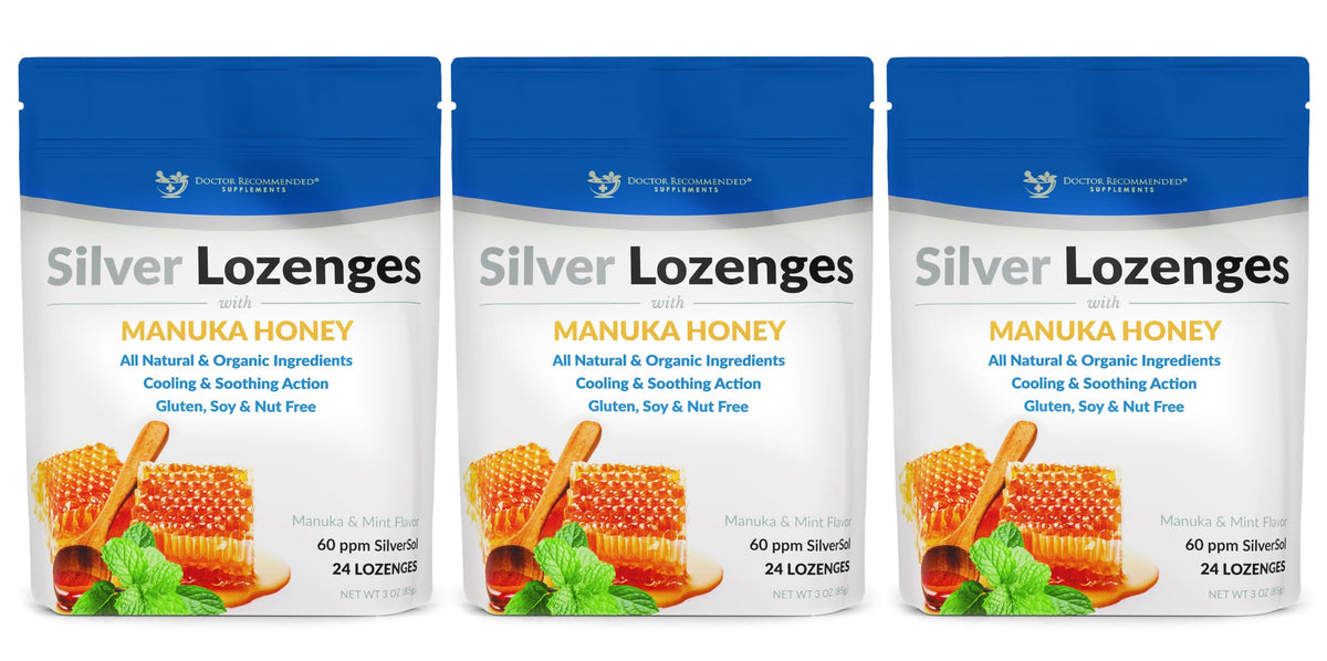 Doctor Recommended Supplements silver lozenges packaging close-up for convenient on-the-go use.