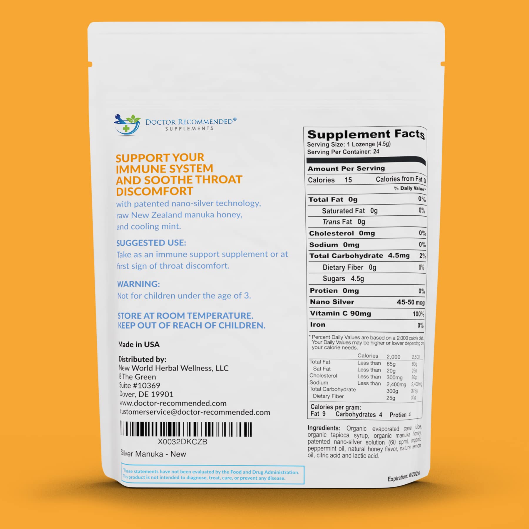 Doctor Recommended Supplements packaging showing 24 individually wrapped lozenges