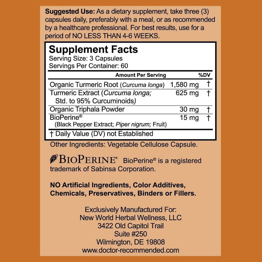 Doctor Recommended Supplements turmeric-curcumin label close-up, featuring 95% curcuminoids.