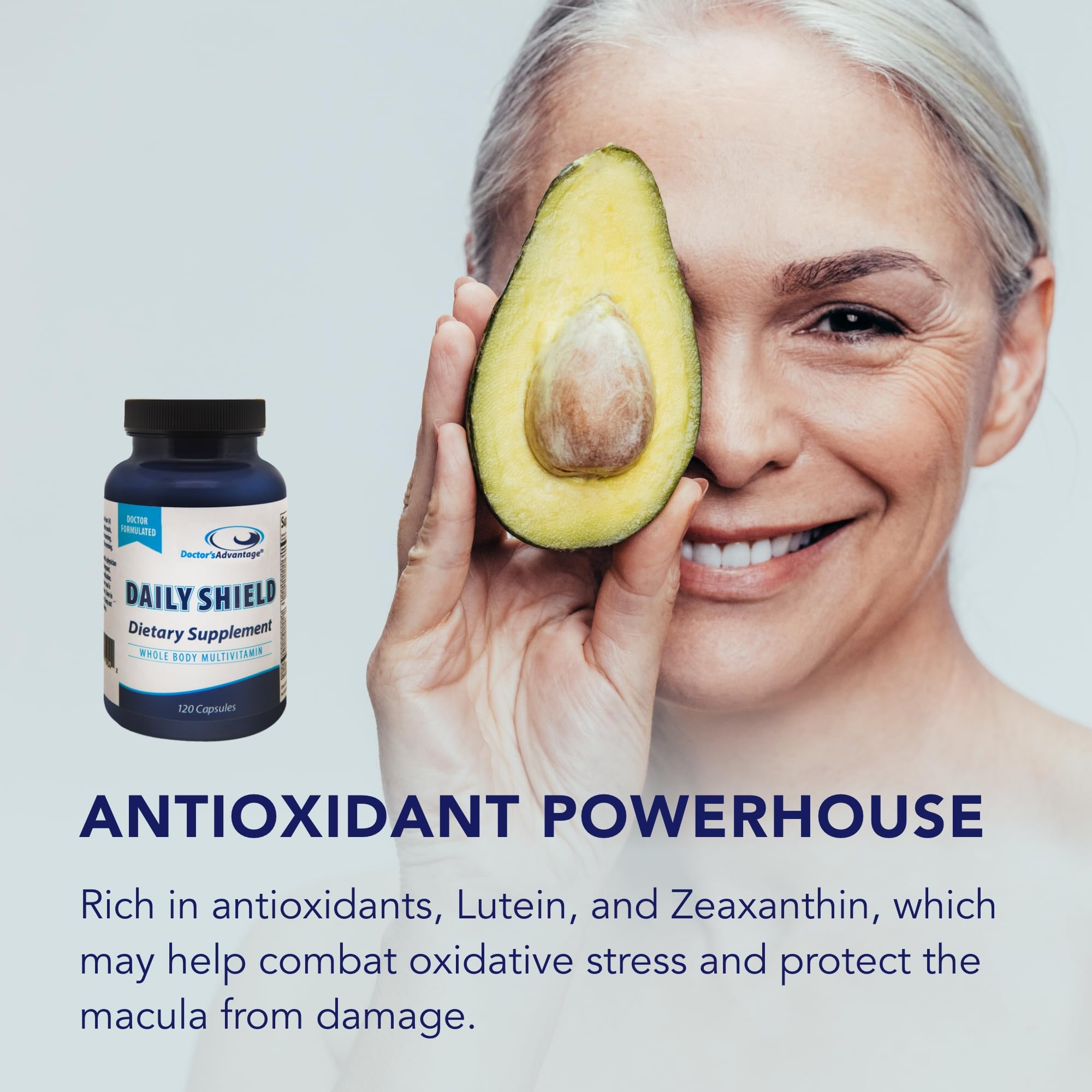 Doctor's Advantage Daily Shield packaging box showcases a non-GMO, sugar-free formulation