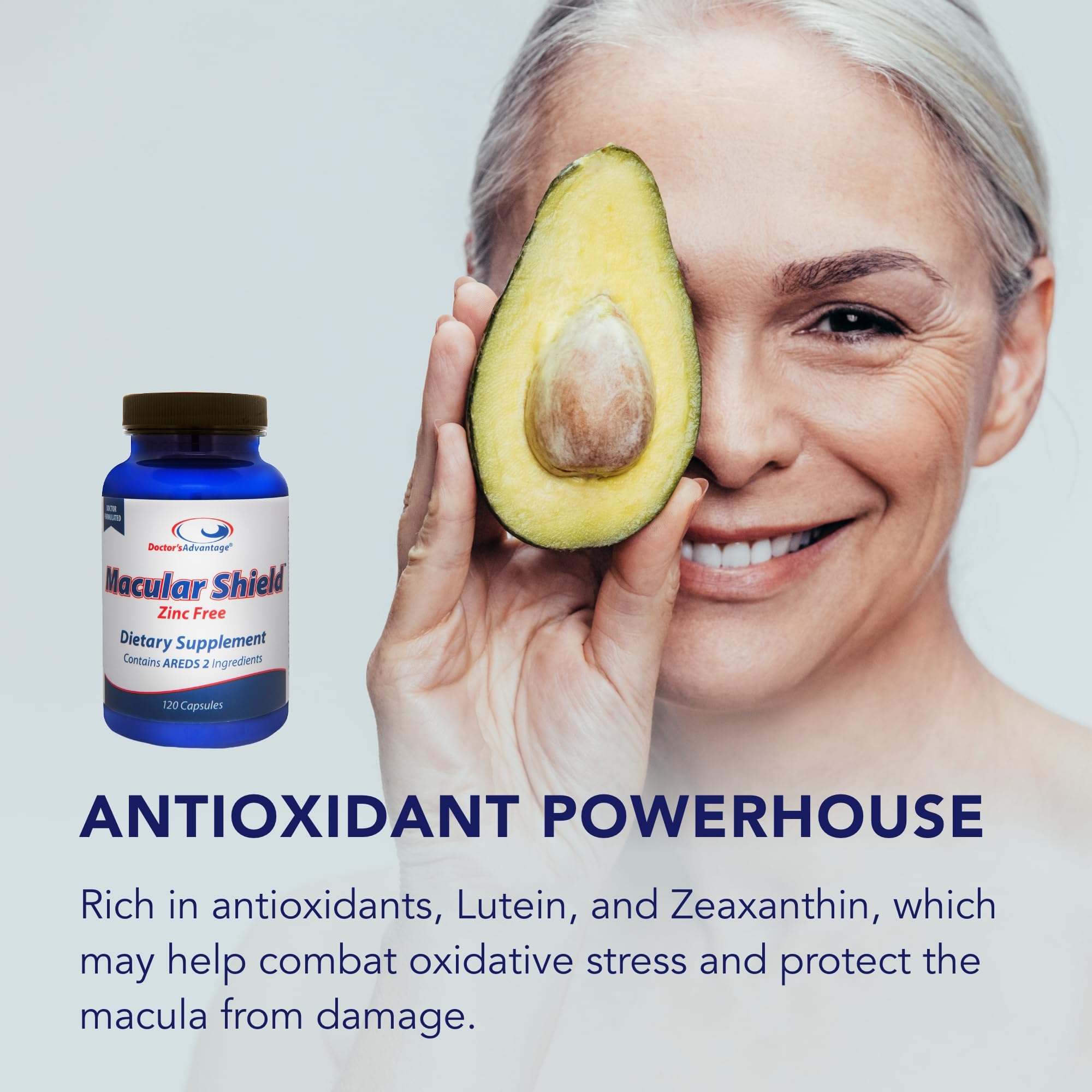 Doctor's Advantage Eye Shield label closeup highlights AREDS2 ingredients.