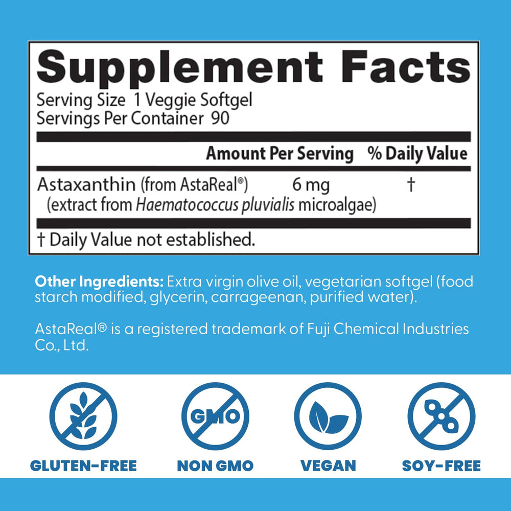Doctor's Best Astaxanthin label highlights non-GMO, gluten-free, vegan attributes for clean supplementation.