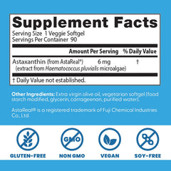 Doctor's Best Astaxanthin label highlights non-GMO, gluten-free, vegan attributes for clean supplementation.