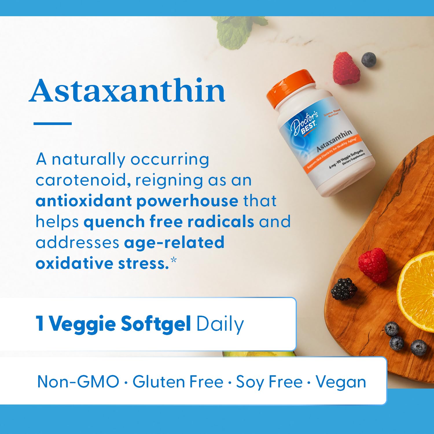 Doctor's Best Astaxanthin lifestyle image suggests daily routine integration on shelves.